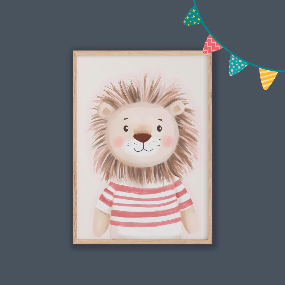 Cute Lion Striped Shirt Watercolor Smile Nursery Kids Room Poster - Image 2