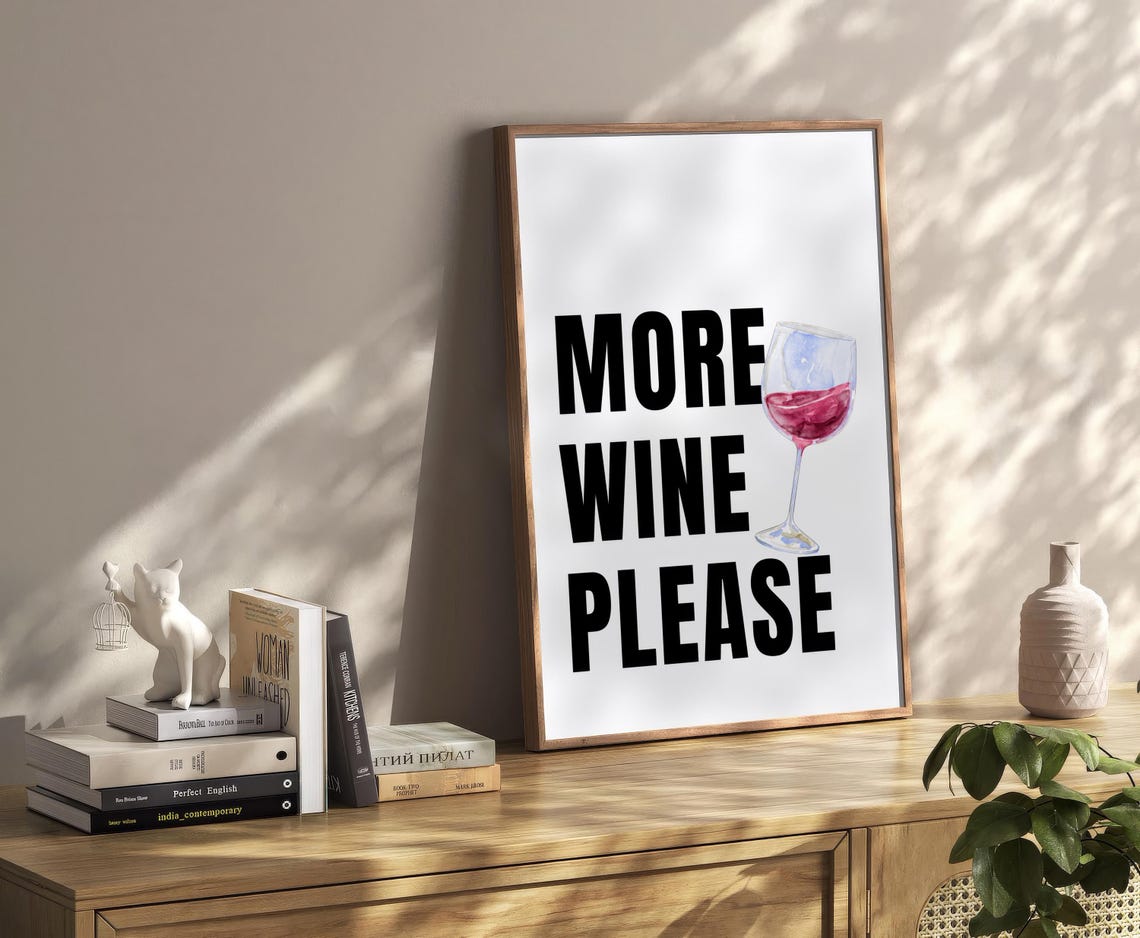 Funny More Wine Please Watercolor Wine Glass Kitchen Bar Poster - Image 2