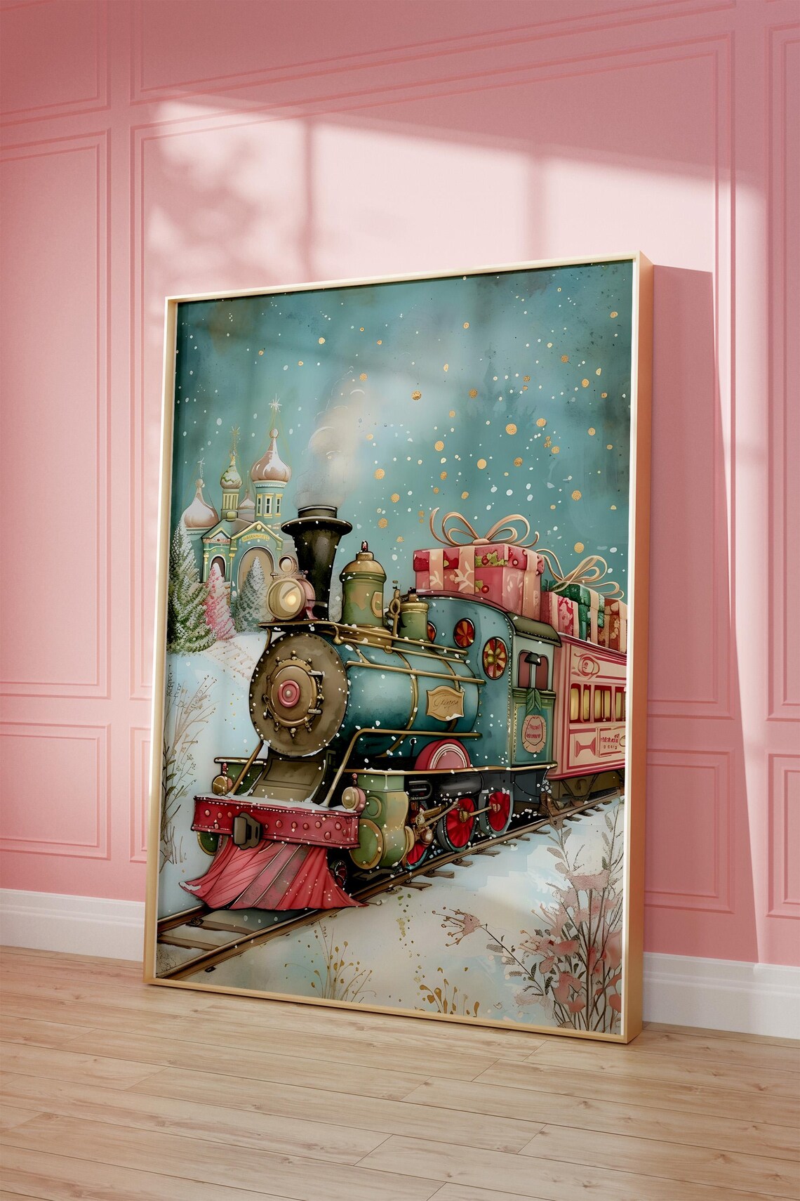 Christmas Train Loaded With Gifts Snowy Storybook Watercolor Poster - Image 3
