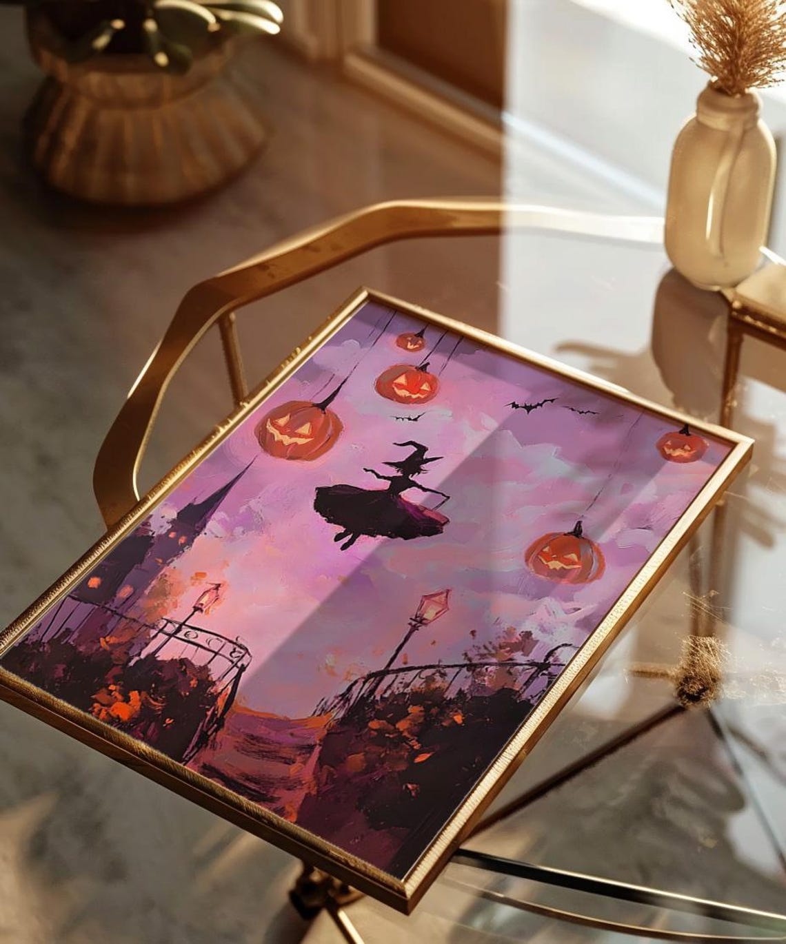 Flying Witch Purple Night Sky Hanging Pumpkins Halloween Poster - Image 4