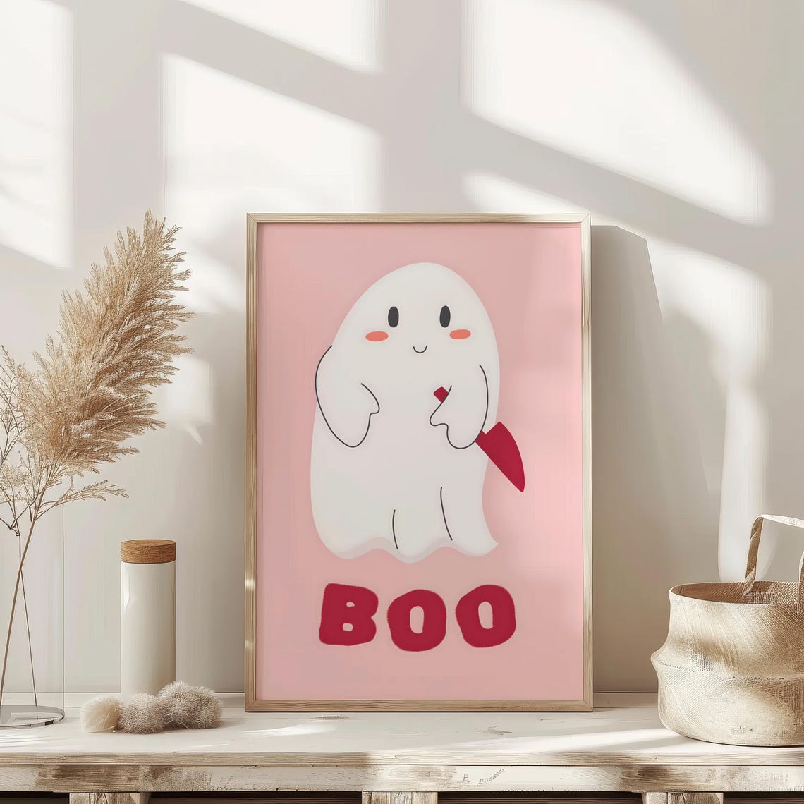 Cute Blushing Ghost Holding Red Knife Funny Boo Halloween Poster - Image 3