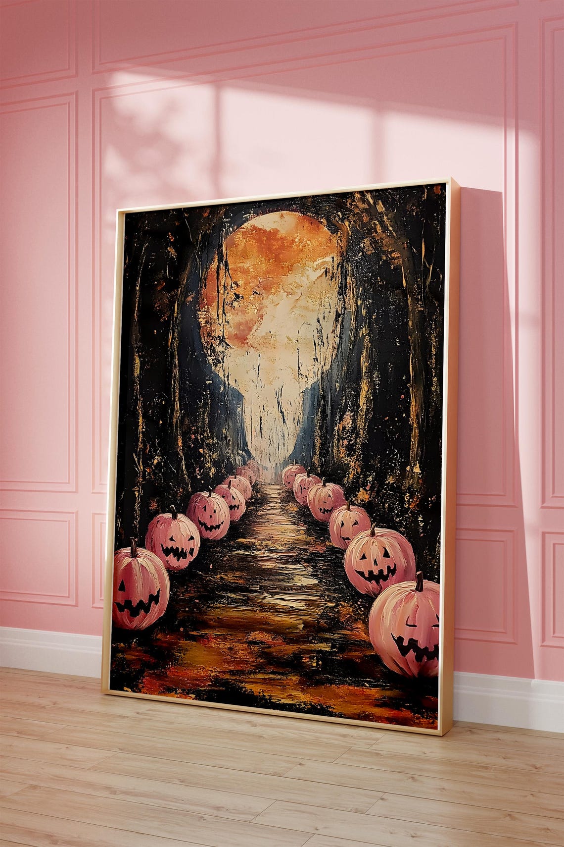 Pink Jack O Lantern Path Leading To Moonlit Cave Halloween Art Poster - Image 4