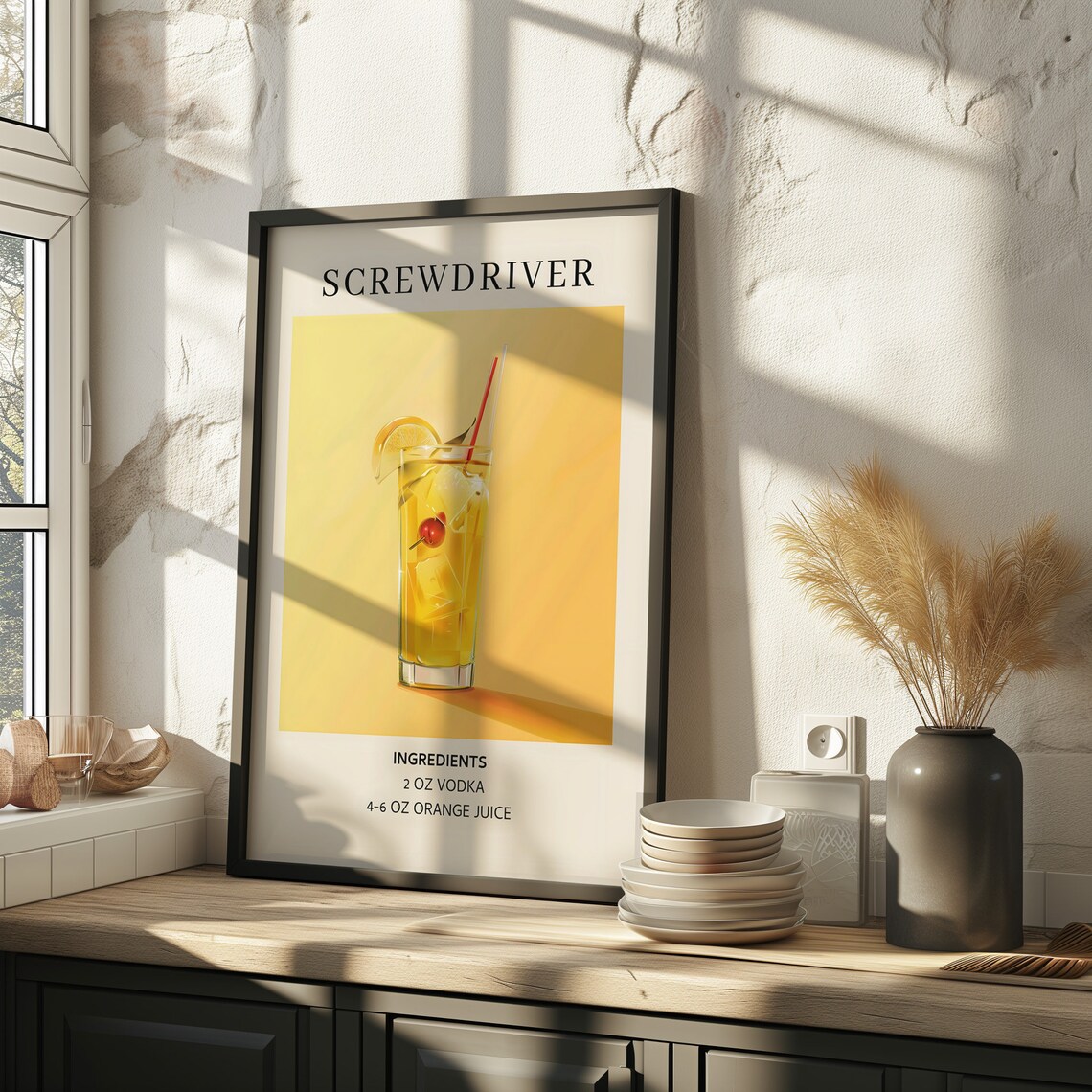 Screwdriver Cocktail Recipe Poster Minimal Yellow Drink Art Kitchen Decor