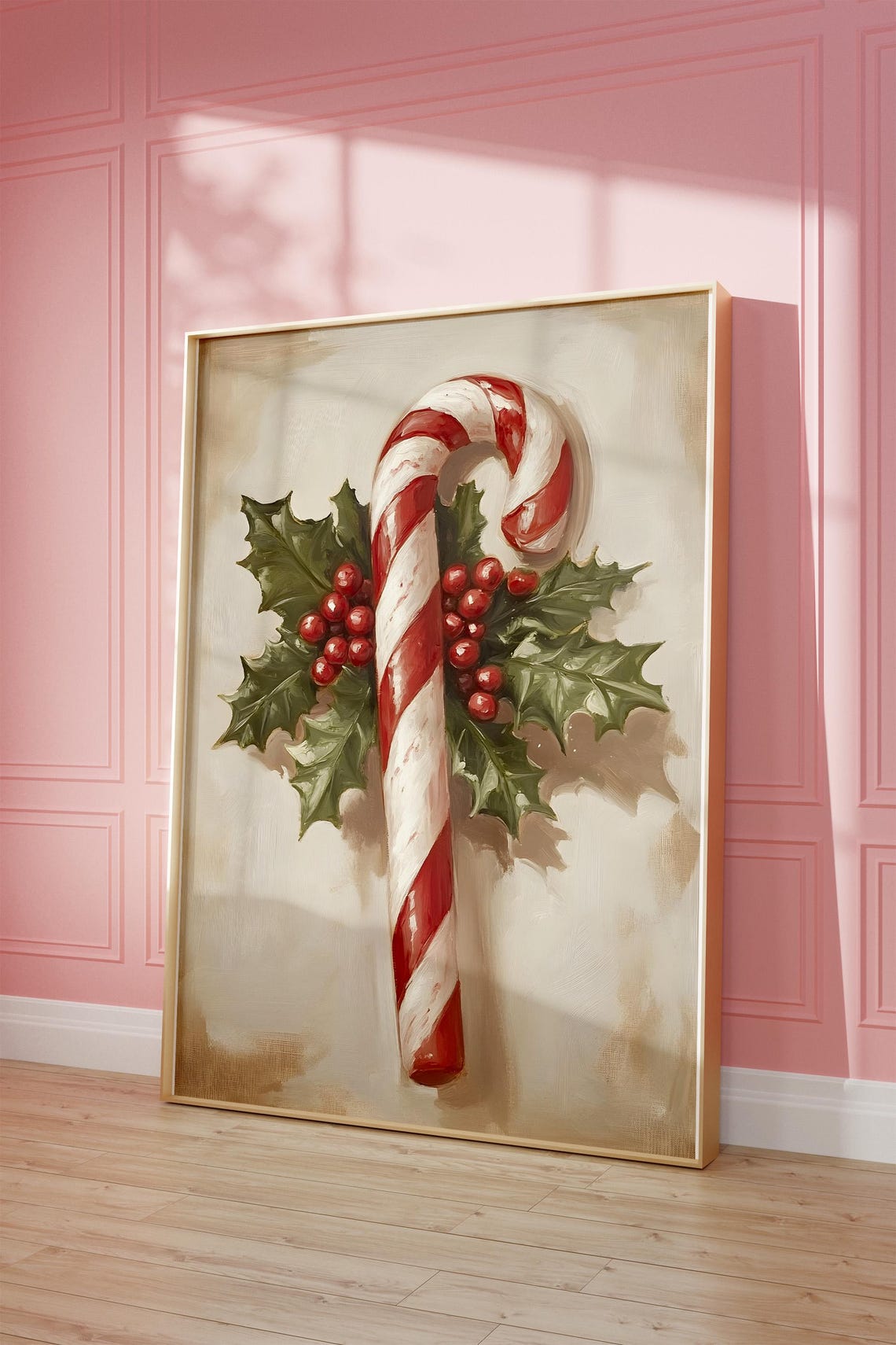 Vintage Candy Cane Holly Berries Christmas Oil Painting Poster - Image 3