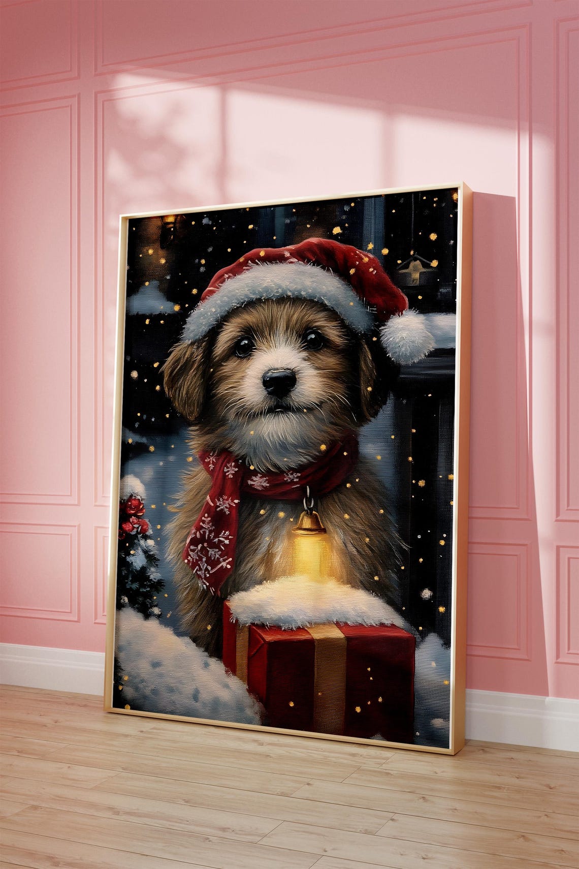 Christmas Puppy Santa Hat Lantern Gift Snowy Holiday Art Poster - Image 3