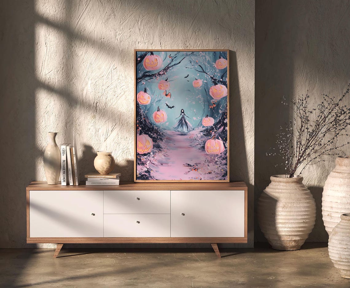 Pink Halloween Pumpkins Witch Night Sky Vintage Style Art Poster - Image 3