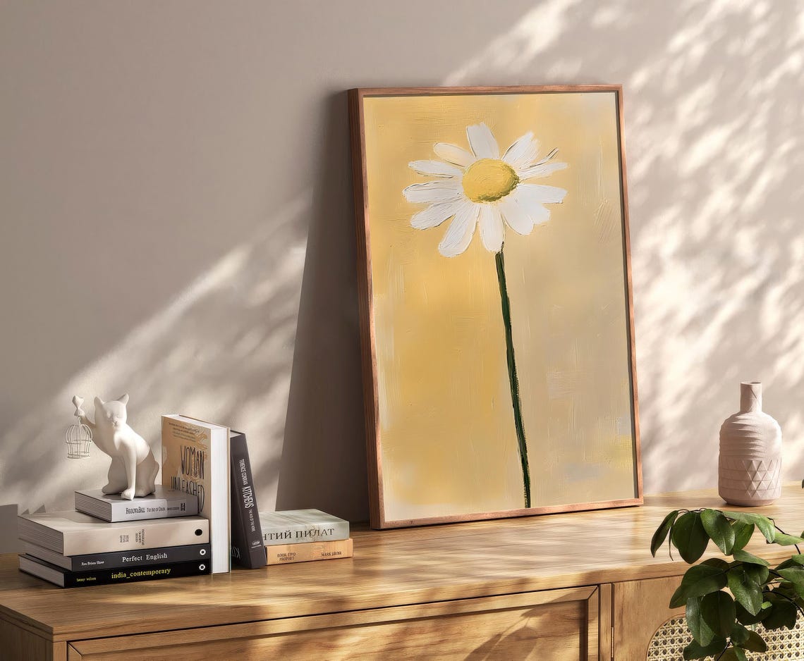 Single White Daisy On Golden Yellow Minimalist Floral Poster