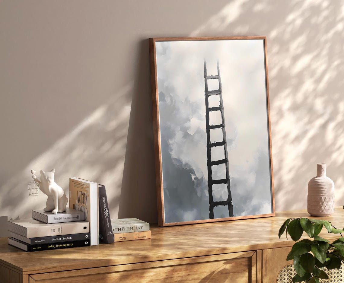 Black Ink Ladder Abstract Cloudy Neutral Beige Minimalist Poster - Image 2