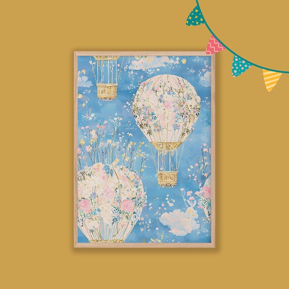Floral Hot Air Balloons Drifting On Blue Sky Nursery Wall Poster