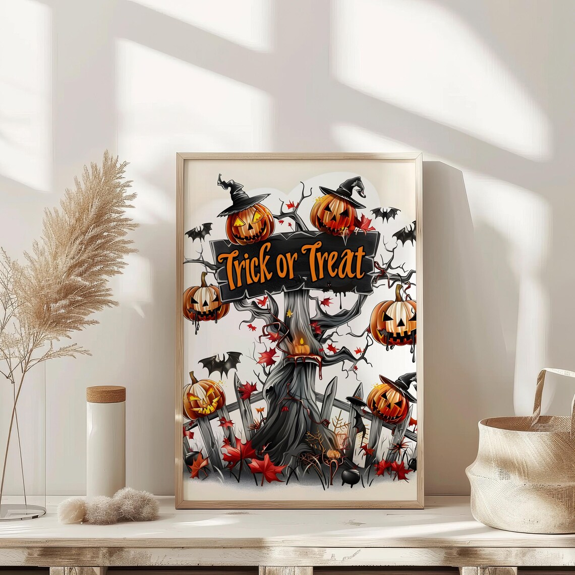 Trick or Treat Pumpkin Tree Witch Hats Spooky Halloween Art Poster - Image 3