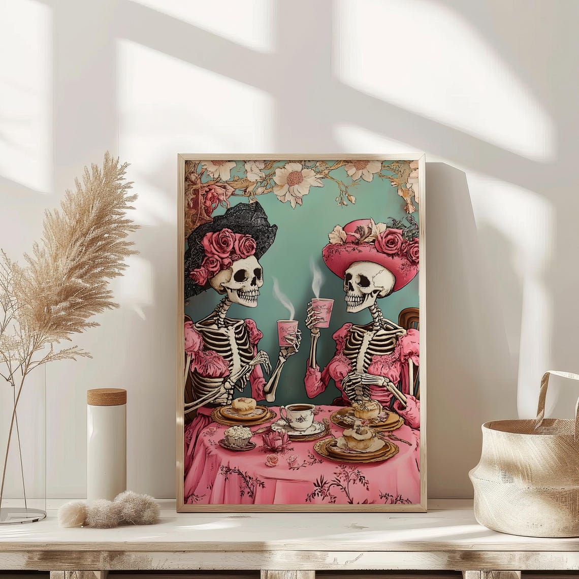 Skeleton Ladies Tea Party Pink Victorian Gothic Halloween Poster - Image 3