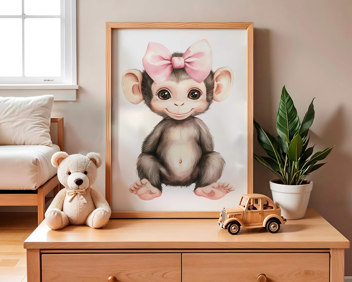 Cute Baby Monkey Pink Bow Watercolor Nursery Art Decor Poster - Image 2
