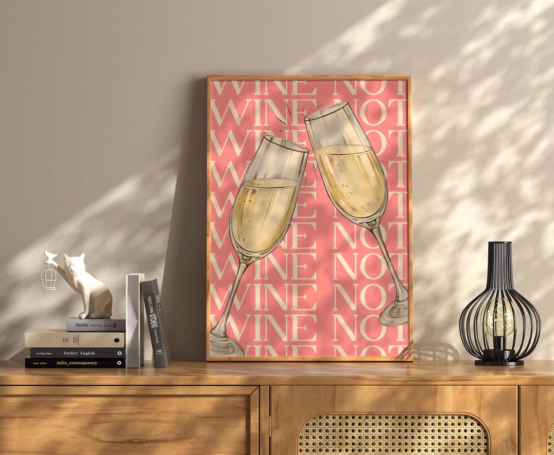 Pink Wine Not Champagne Glasses Retro Bar Cart Typography Wall Art - Image 3