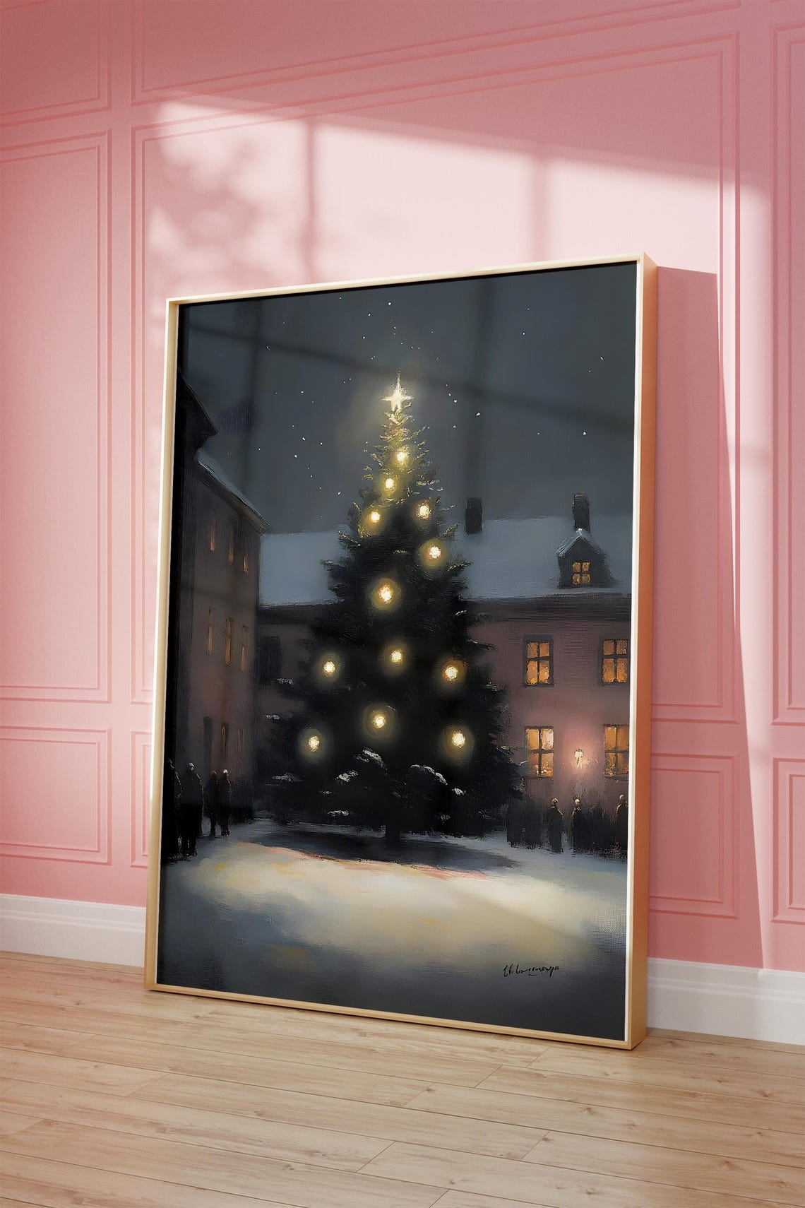 Village Christmas Tree Night Snowfall Vintage Painting Poster - Image 3