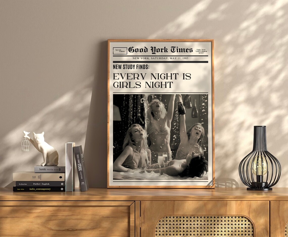 Every Night Is Girls Night Trendy New York Newspaper Print Vintage Bar Cart Retro Wall Art Newspaper Headline Poster College Apartment Decor - Image 3