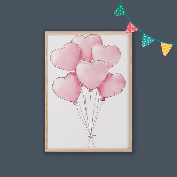 Pink Heart Balloons Watercolor Baby Girl Nursery Room Art Poster