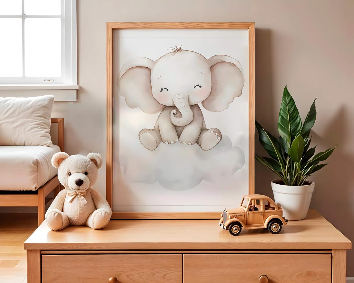 Sweet Baby Elephant Cloud Watercolor Nursery Kids Art Poster - Image 2