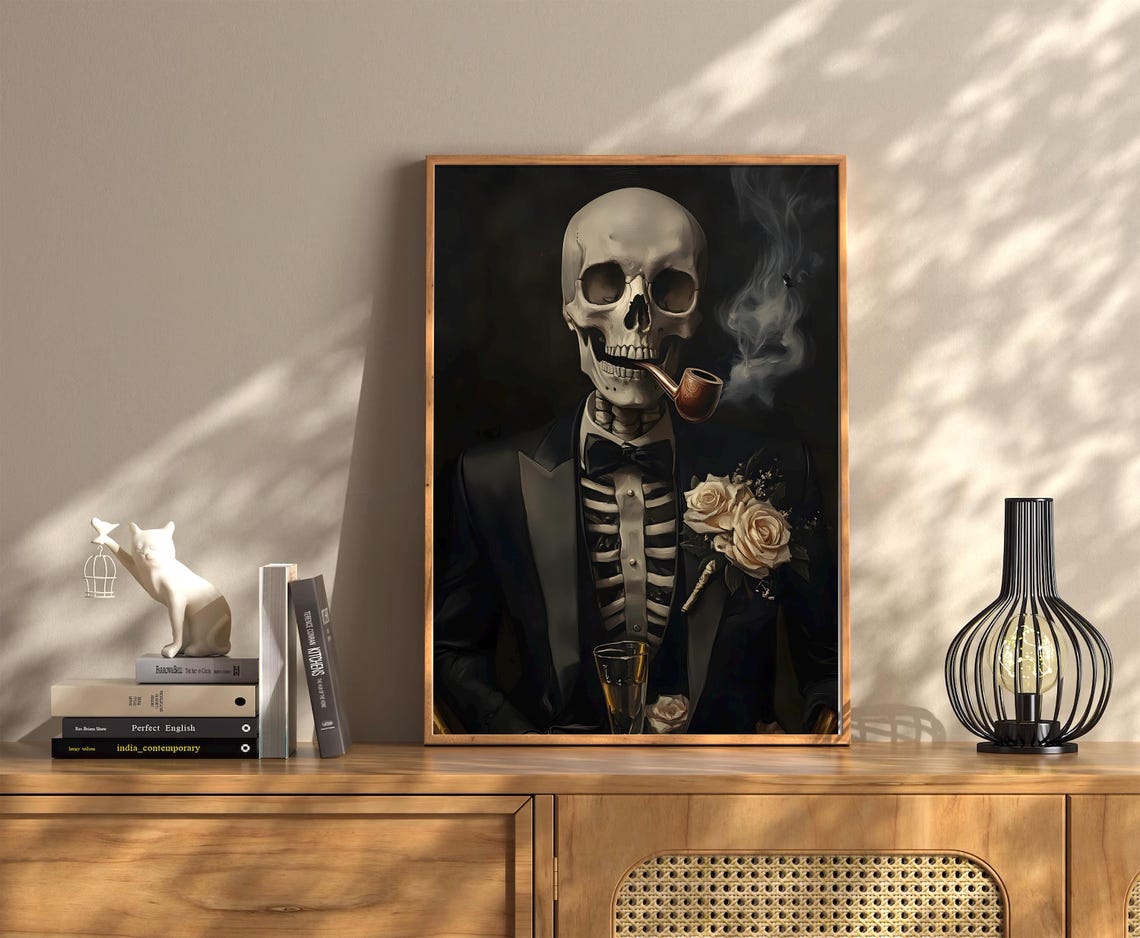 Skeleton Gentleman Smoking a Pipe Vintage Dark Oil Painting Poster