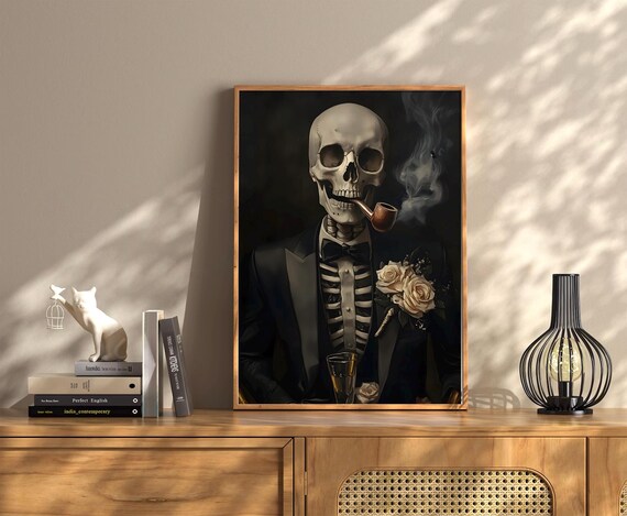 Skeleton Gentleman Smoking a Pipe Vintage Dark Oil Painting Poster