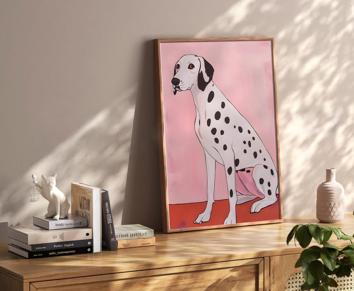 Pop Art Dalmatian Sitting Whimsical Retro Pink Background Poster