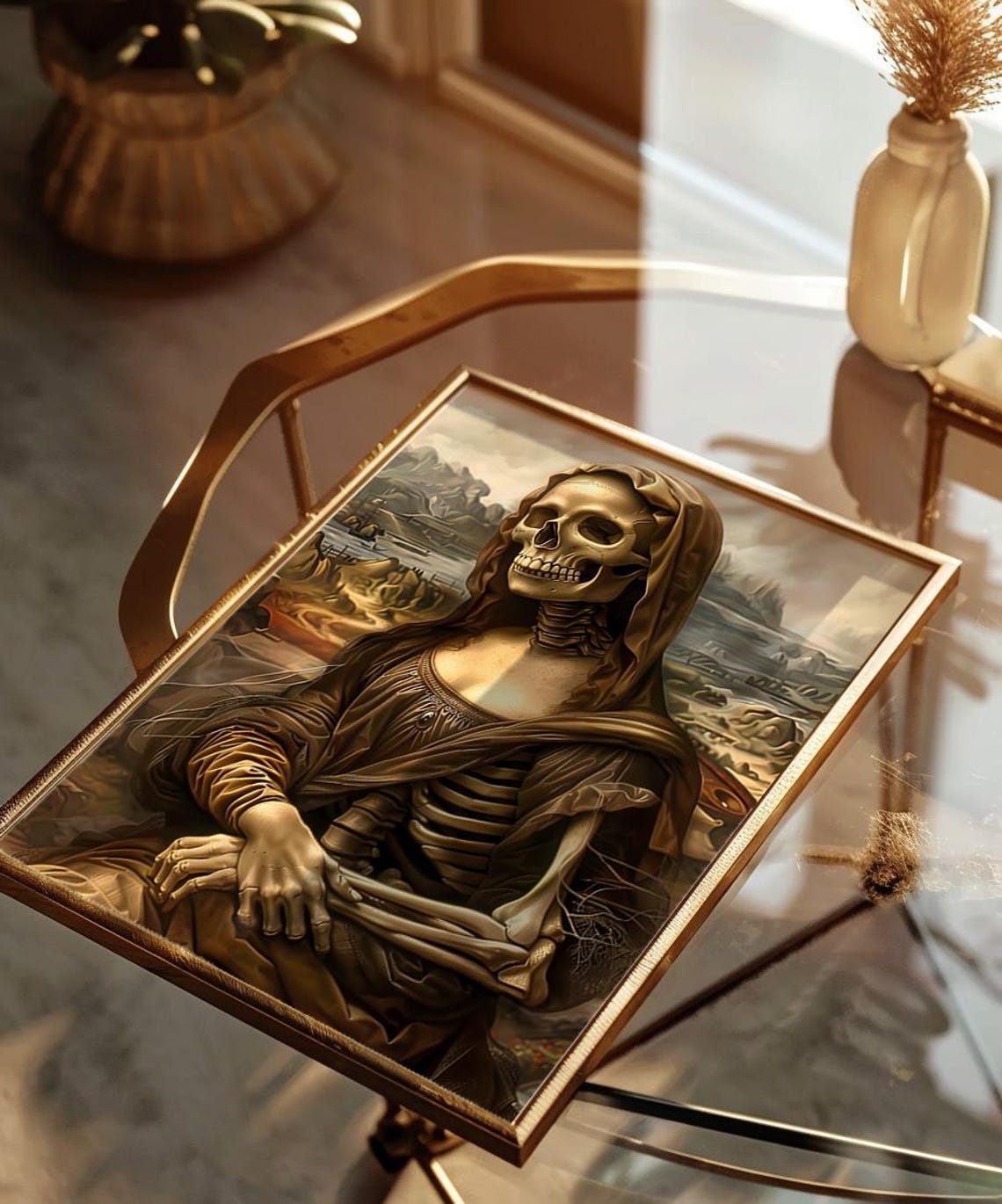 Skeleton Mona Lisa Parody Gothic Dark Academia Halloween Poster - Image 3