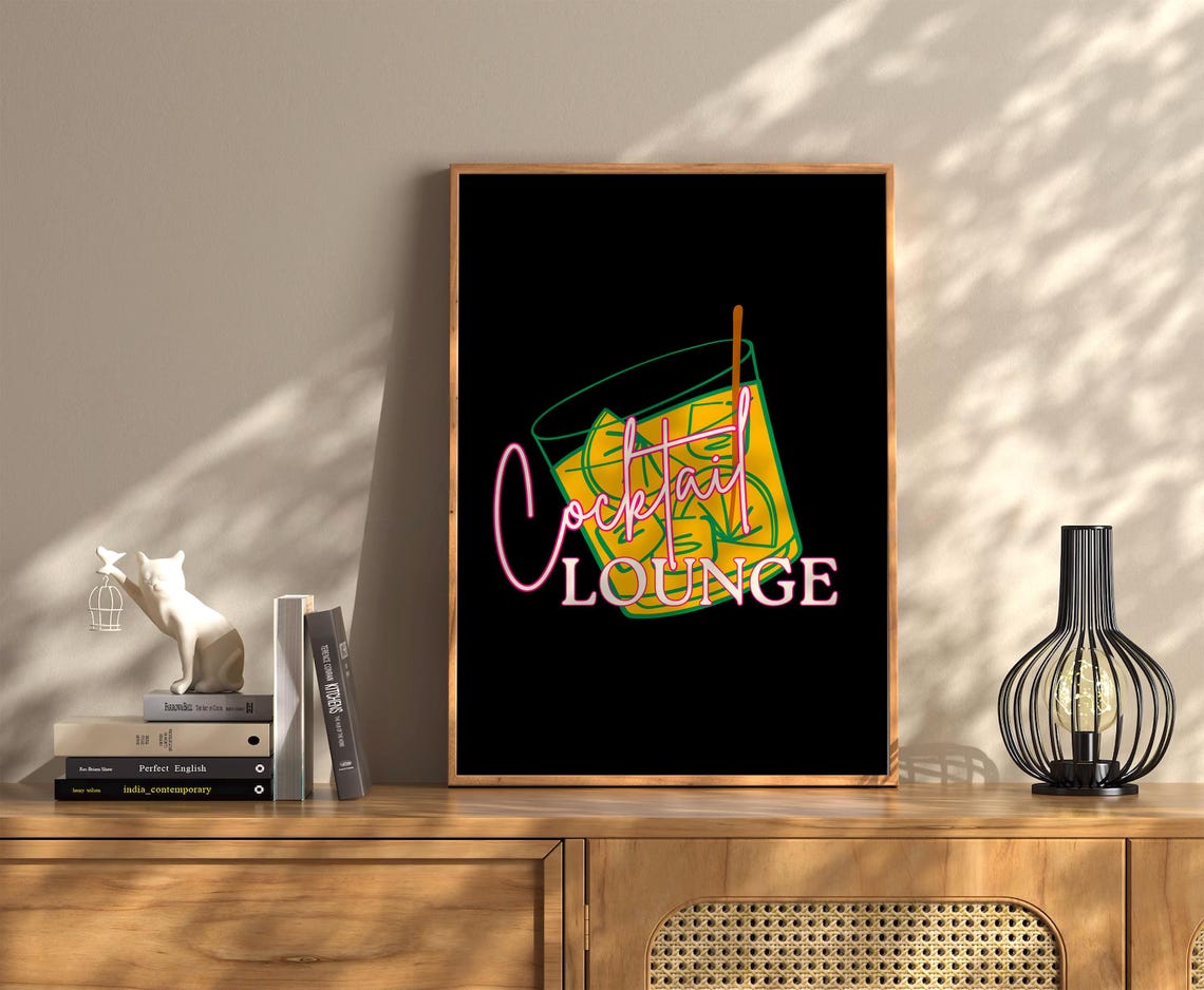 Cocktail Lounge Neon Sign Style Black Bar Cart Retro Aesthetic Poster