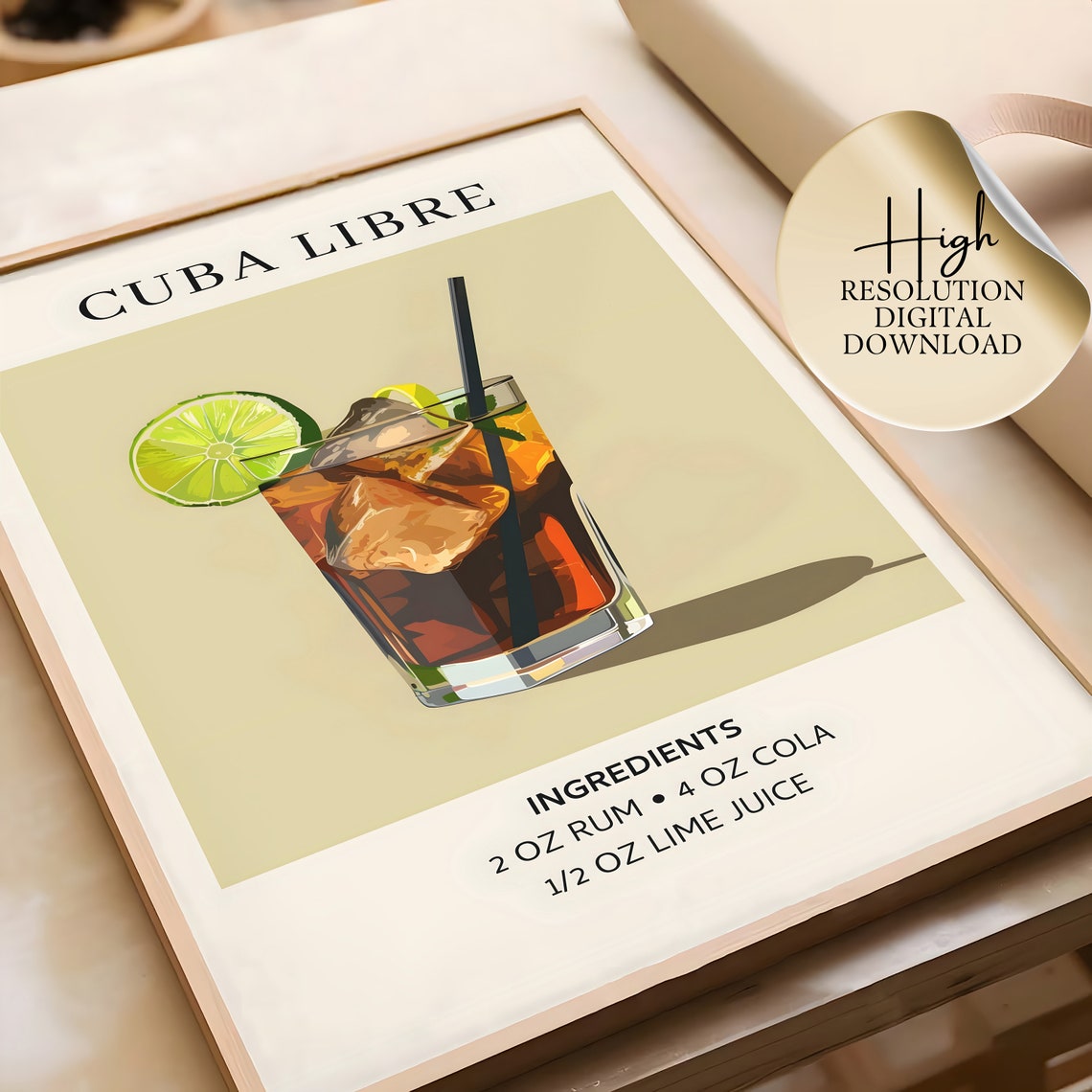 Cuba Libre Cocktail Recipe Vintage Bar Cart Kitchen Wall Art - Image 2