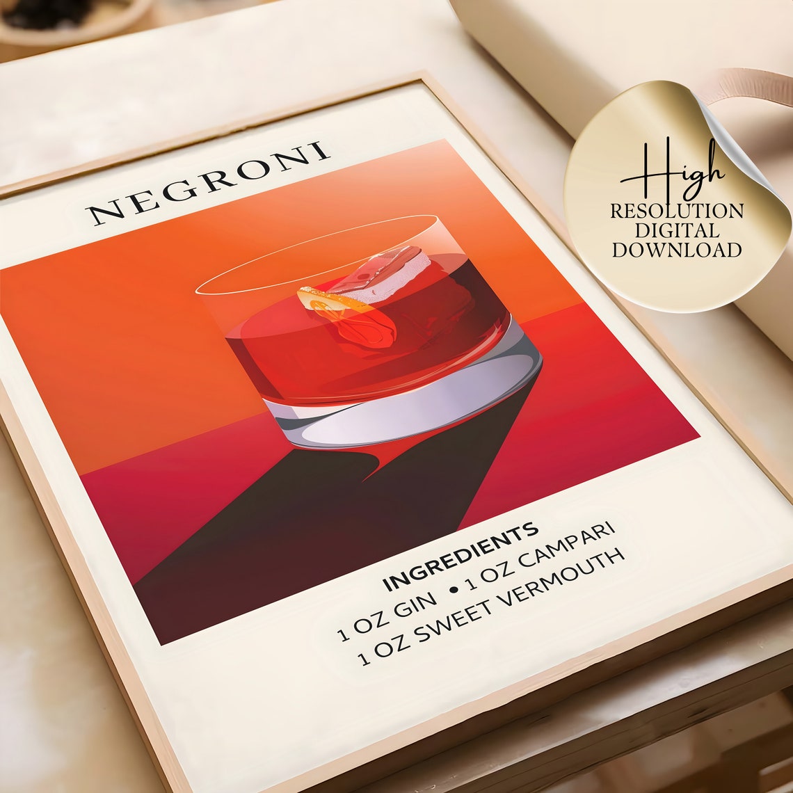 Negroni Cocktail Recipe Art Print Retro Bar Cart Wall Decor Orange