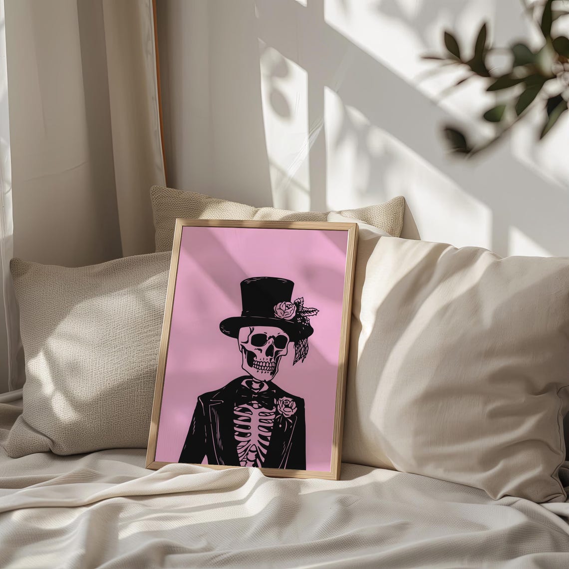 Bold Skeleton Bride With Top Hat on Pink Gothic Pop Art Poster - Image 2