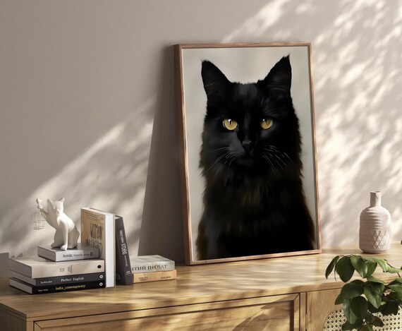 Black Cat With Golden Eyes Painterly Feline Portrait Wall Art