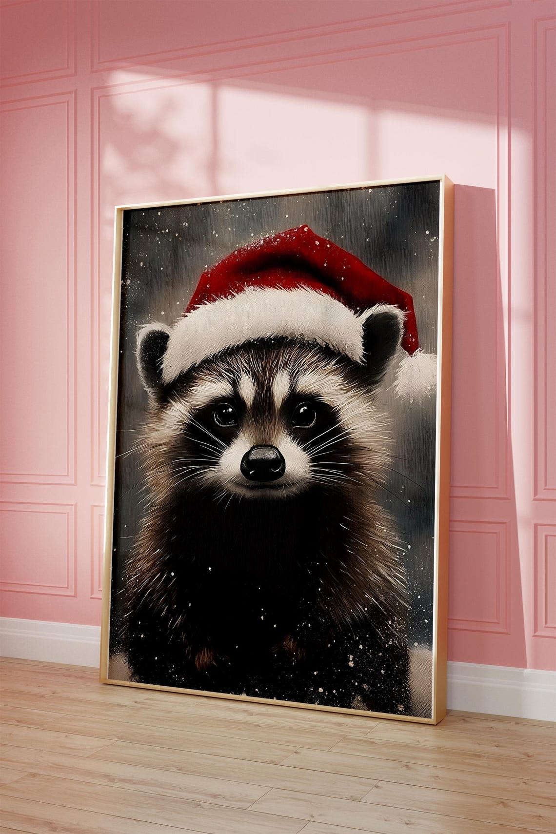 Adorable Raccoon in Santa Hat in the Snow Wildlife Art Poster - Image 3