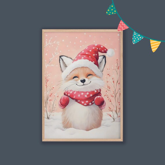 Cute Christmas Fox Santa Hat Snow Watercolor Holiday Art Poster