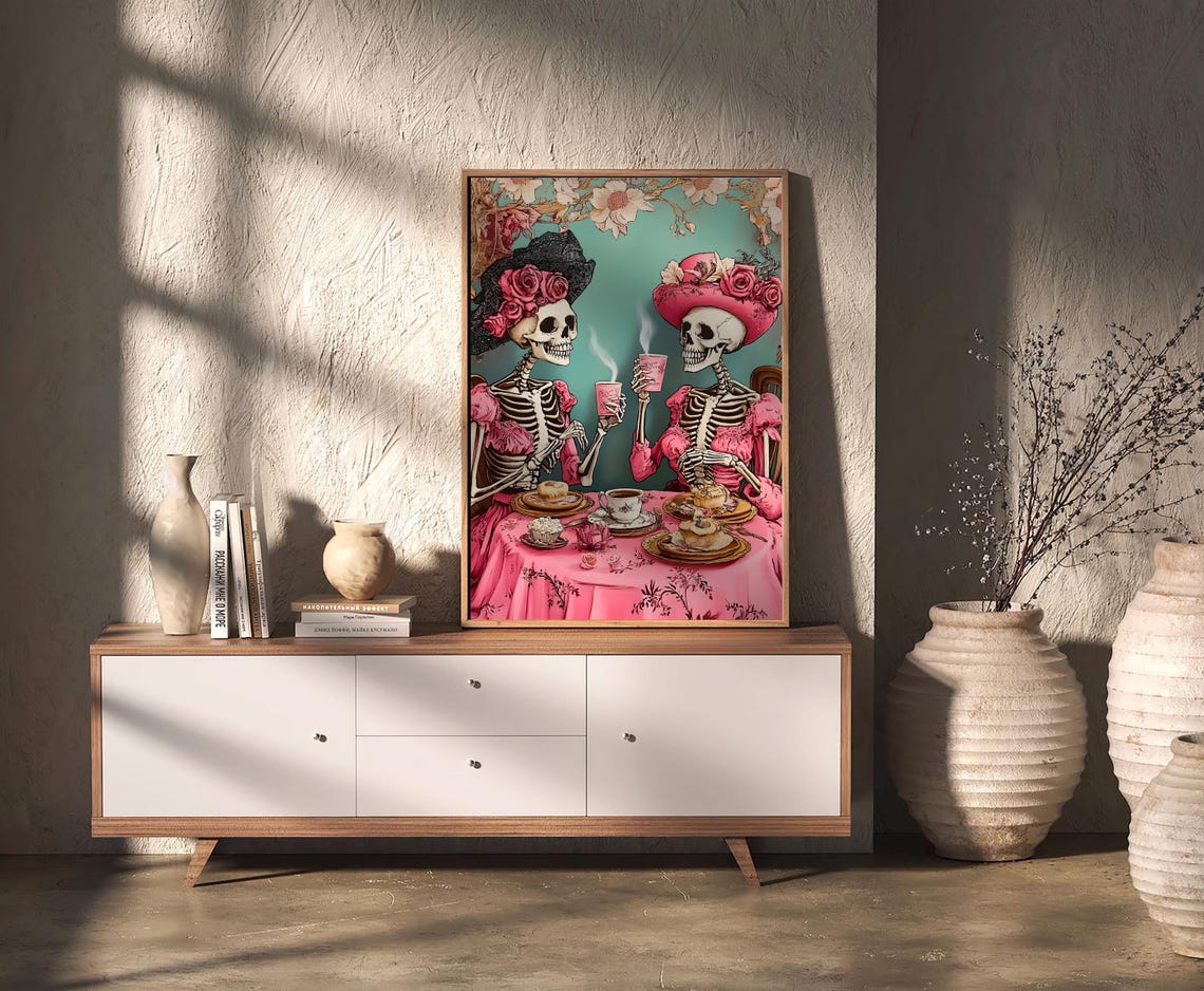 Skeleton Ladies Tea Party Pink Victorian Gothic Halloween Poster - Image 2