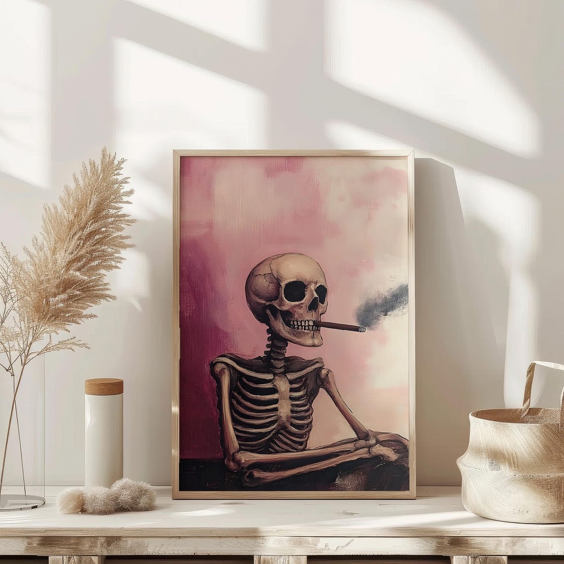 Smoking Skeleton Pink Moody Dark Academia Halloween Art Print - Image 3