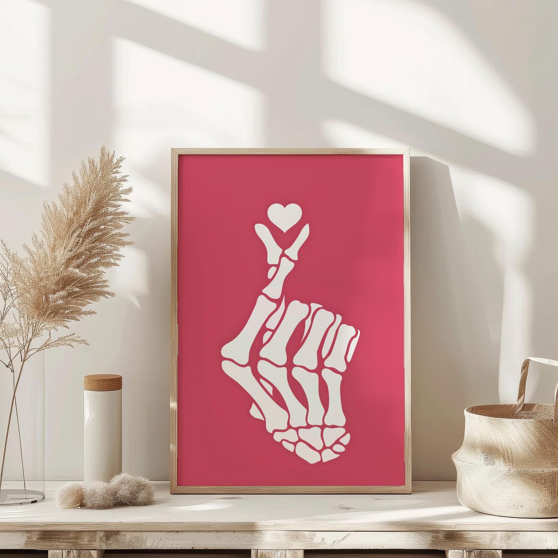 Skeleton Finger Heart Hand Gesture Bold Pink Halloween Wall Art - Image 2