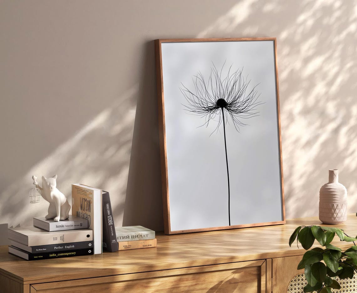 Black Ink Dandelion Flower Minimalist Beige Botanical Poster - Image 2