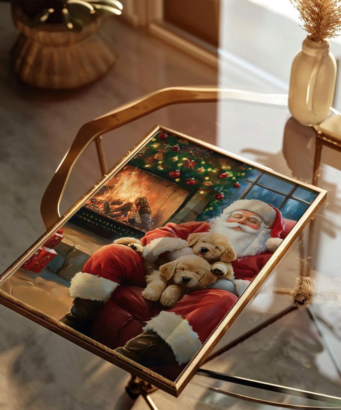 Santa Claus With Golden Puppies By Fireplace Christmas Poster - Image 2