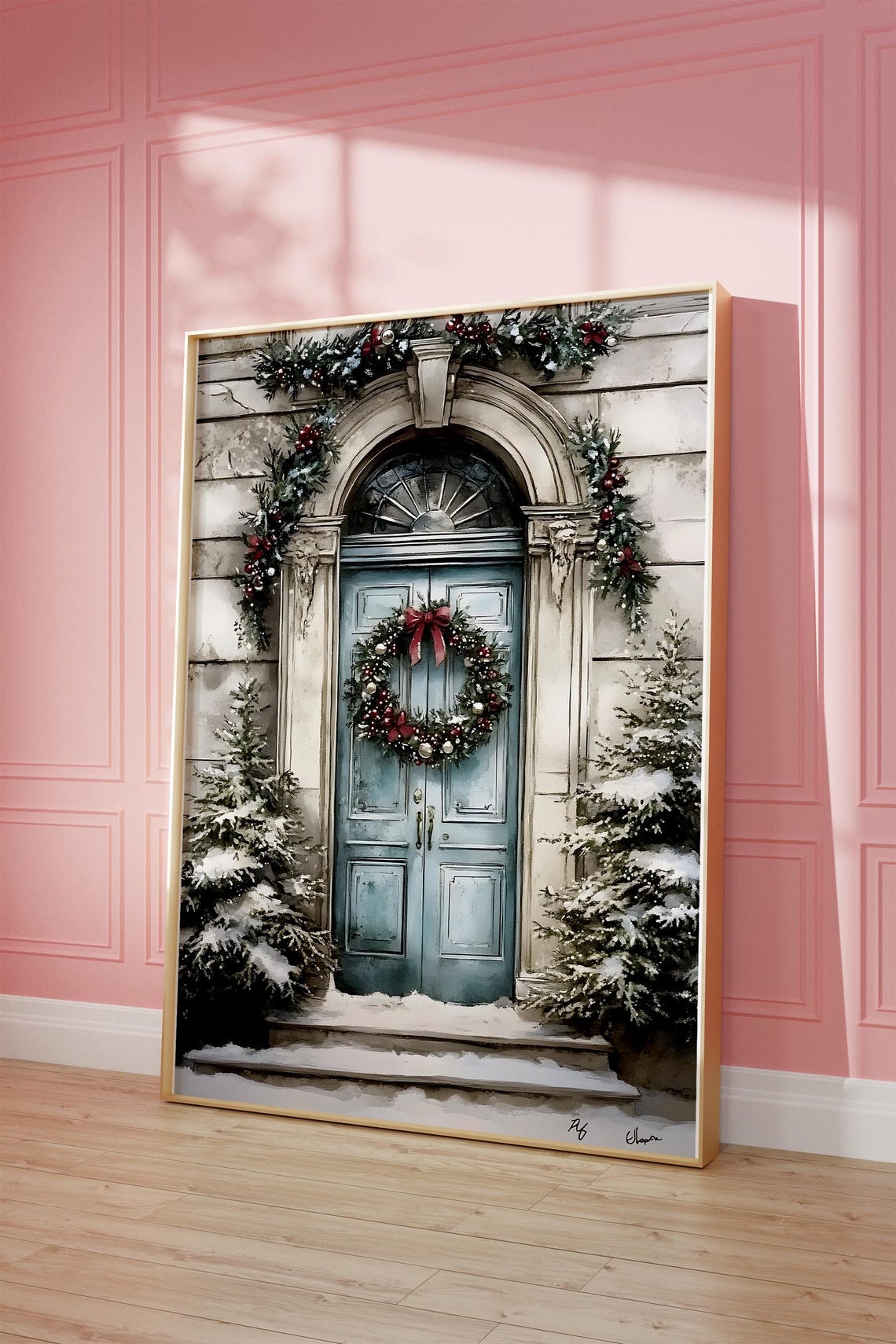 Blue Christmas Door With Wreath and Garland Snowy Porch Poster - Image 3