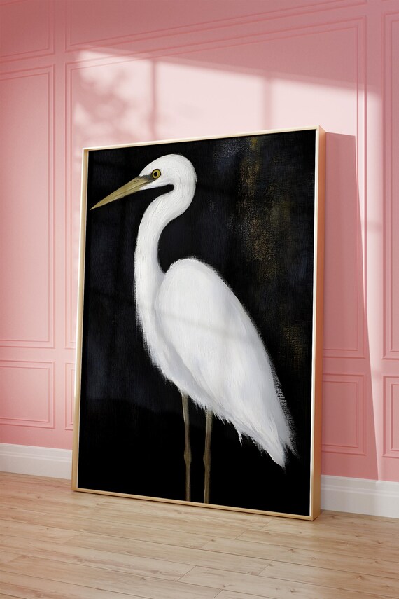 White Egret Heron on Black Background Oil Painting Bird Poster