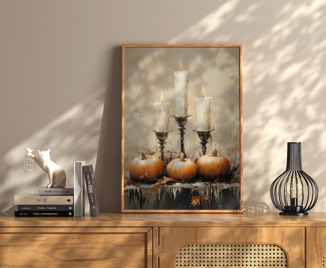 Golden Candlelight Pumpkins Warm Fall Harvest Still Life Poster