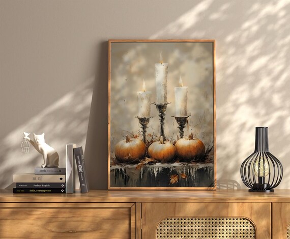 Golden Candlelight Pumpkins Warm Fall Harvest Still Life Poster
