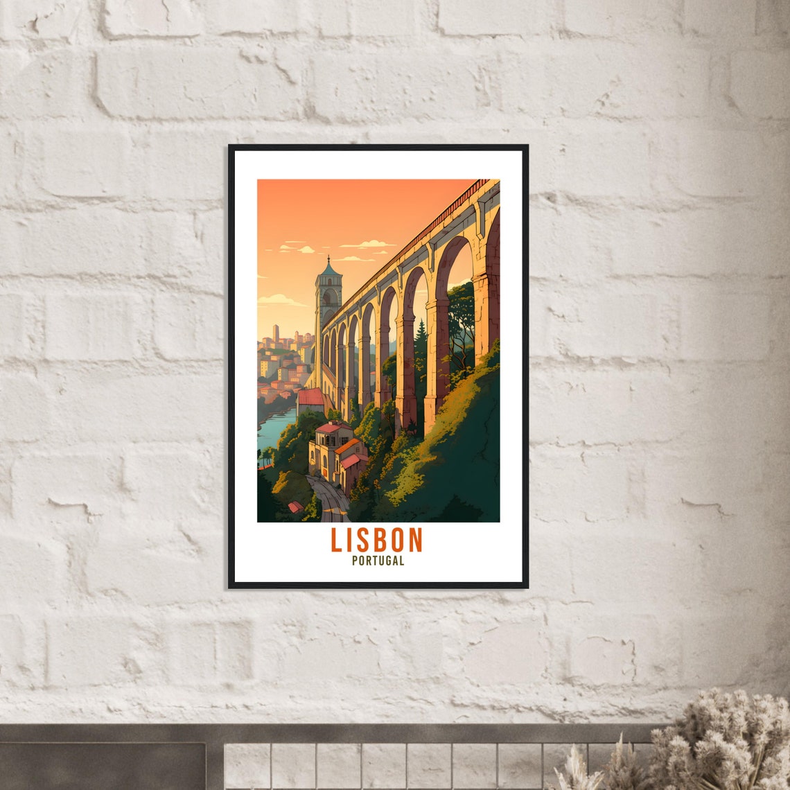 Lisbon Portugal Aqueduct Sunset Arches River View Historic Poster - Image 3