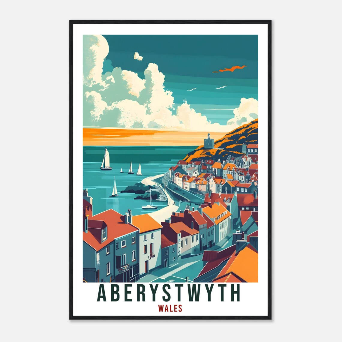 Aberystwyth Wales Seaside Town Sailboats Sunset Travel Poster - Image 4