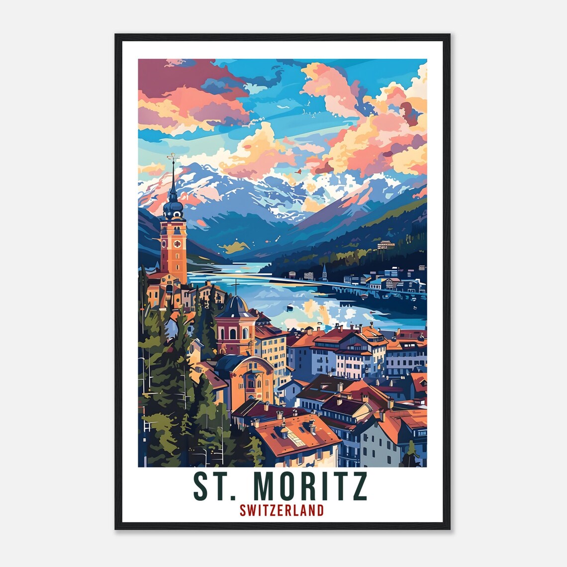 St Moritz Switzerland Alpine Lake Mountain Town Sunset Poster - Image 4