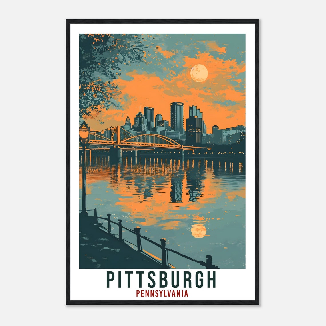 Pittsburgh Moonlit Bridge River Skyline Pennsylvania Vintage Poster - Image 4