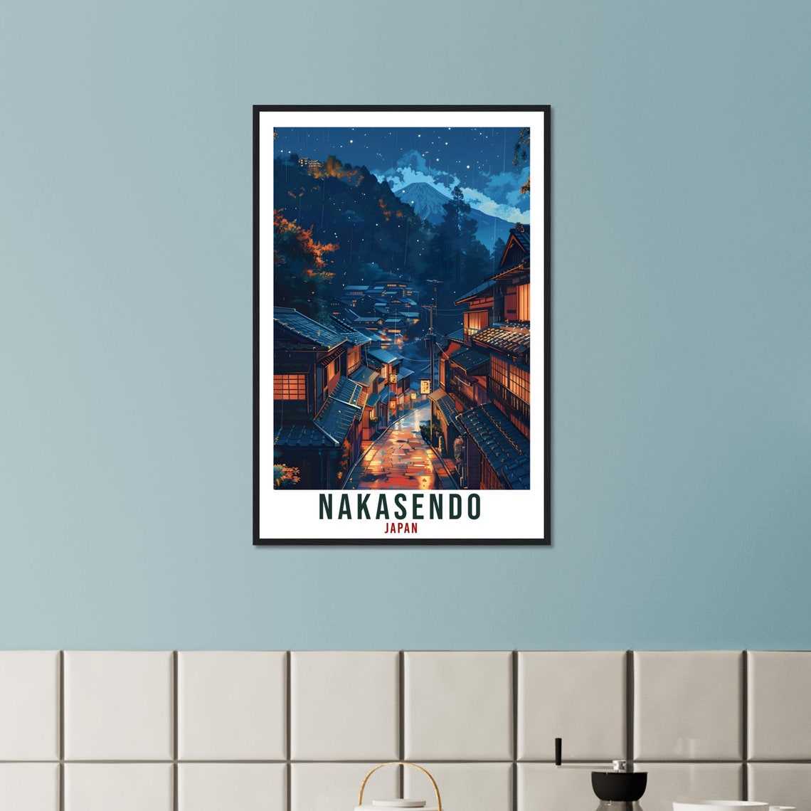 Nakasendo Japan Starry Night Street Lanterns Mount Fuji Poster - Image 2