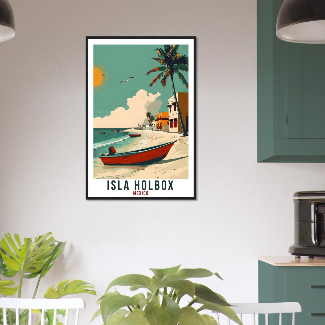 Isla Holbox Mexico Sandy Beach Fishing Boats Palm Shore Sunset Scene Poster - Image 3