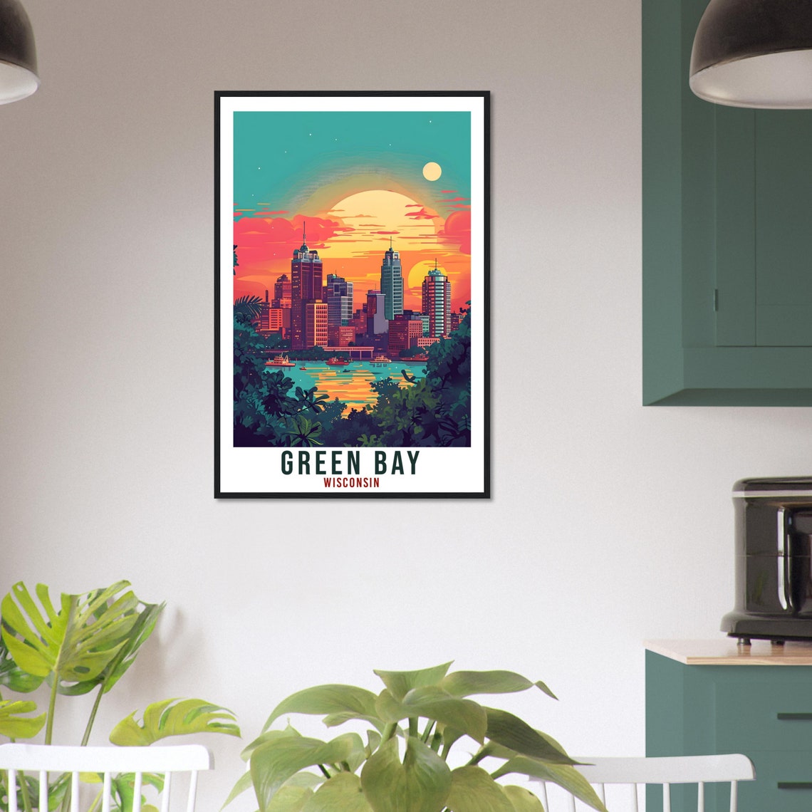 Green Bay Wisconsin Skyline Sunset Vintage Style Travel Poster - Image 3