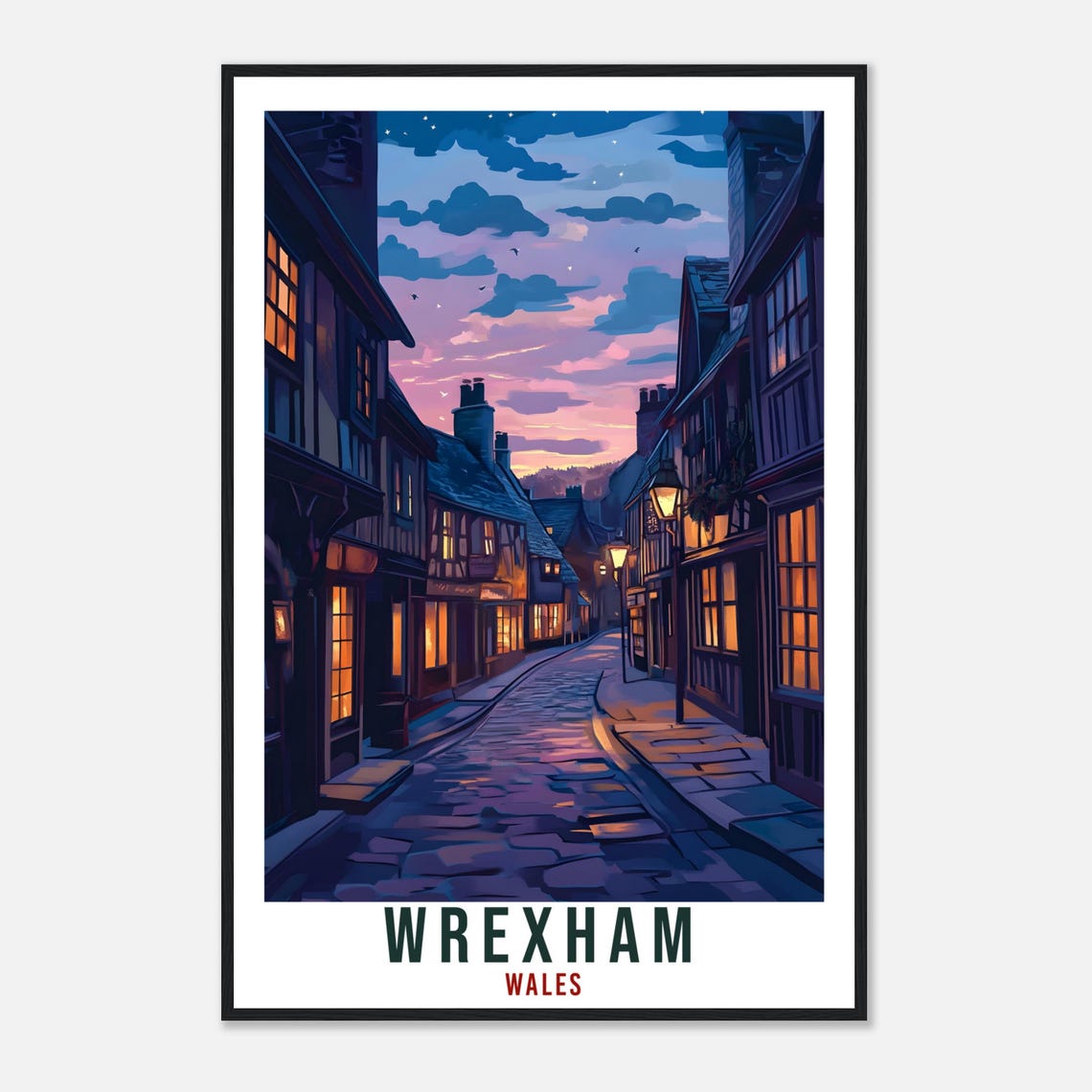 Wrexham Wales Old Town Dusk Cobbled Street Lantern Light Poster - Image 4