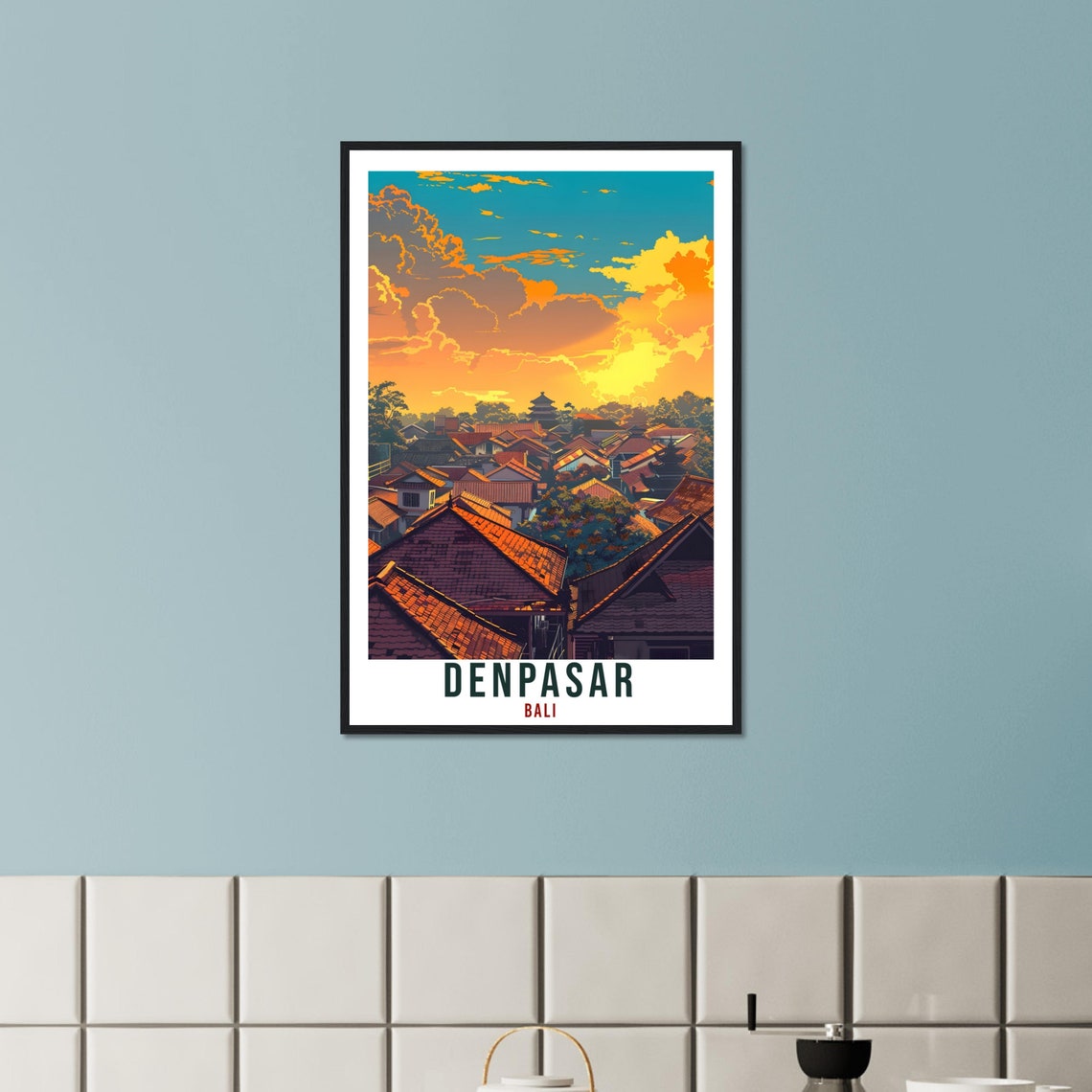 Denpasar Bali Rooftops Golden Sunset Pagoda Illustrated Art Poster - Image 2